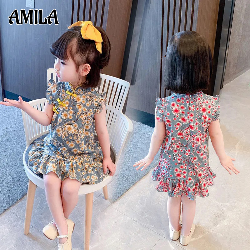 AMILA Girls cheongsam little girl cheongsam dress Chinese style retro dress girl baby princess dress ราคา  172 บาท*ส่งฟรี