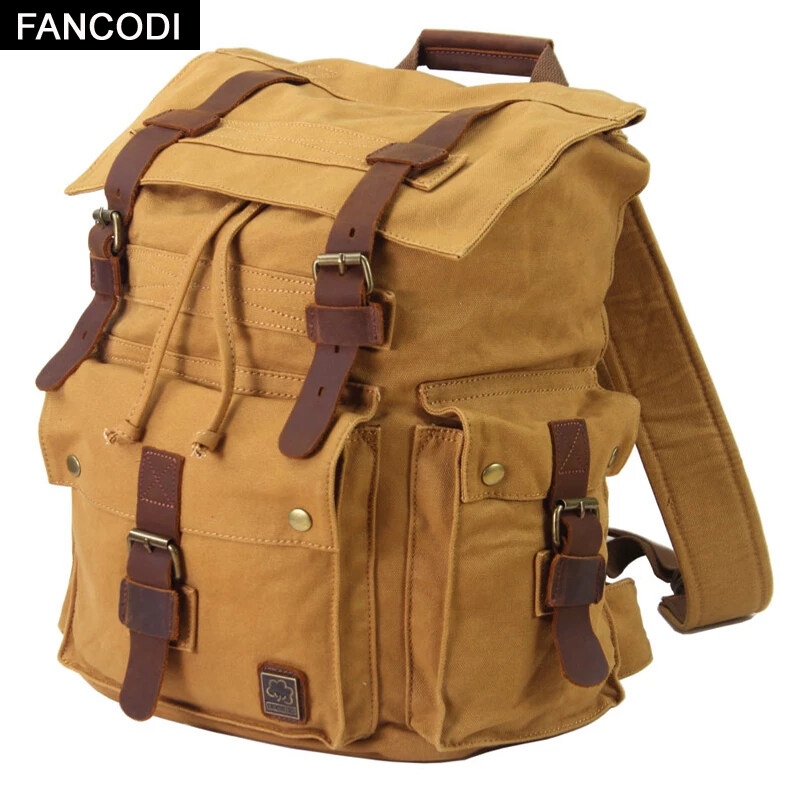 FANCODI Vintage Leather Military Canvas travel Backpacks Men &Women School