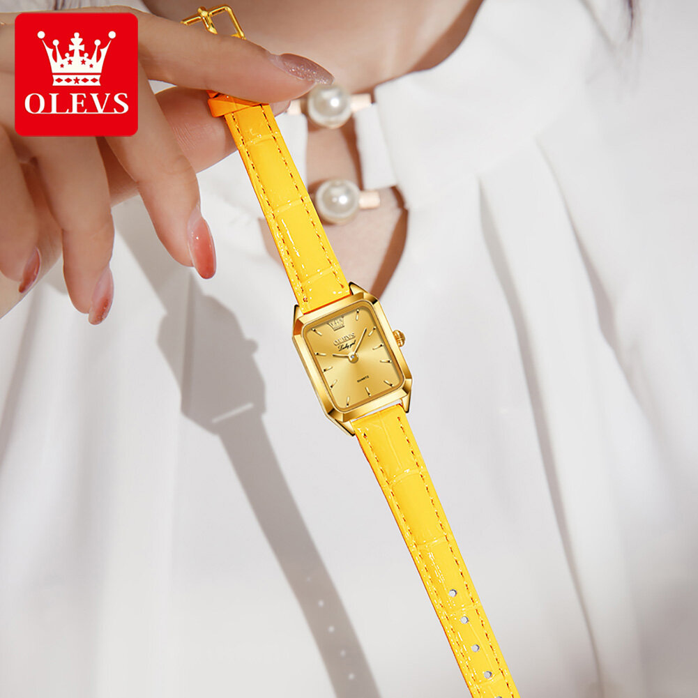 Luxury Swiss Brand OLEVS Gold Watch for women Original Square Dial Leather Strap - Two-hand watch