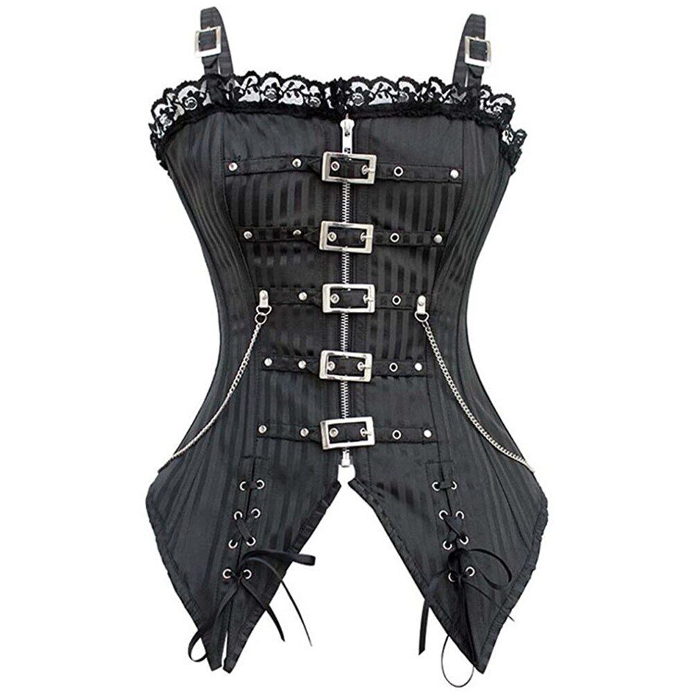 Womens Sexy Steampunk Corset Bustier Black Red Buckle Chain Zip Lace Up Back Lingerie Waist Cincher Gothic Corsets