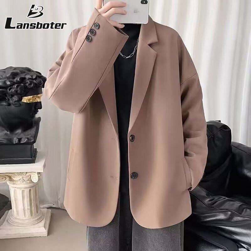 Lansboter Áo khoác vest nam đẹp trai màu trơn dáng rộng và đẹp trai phong cách ruffian Áo khoác blazer thường ngày đi làm