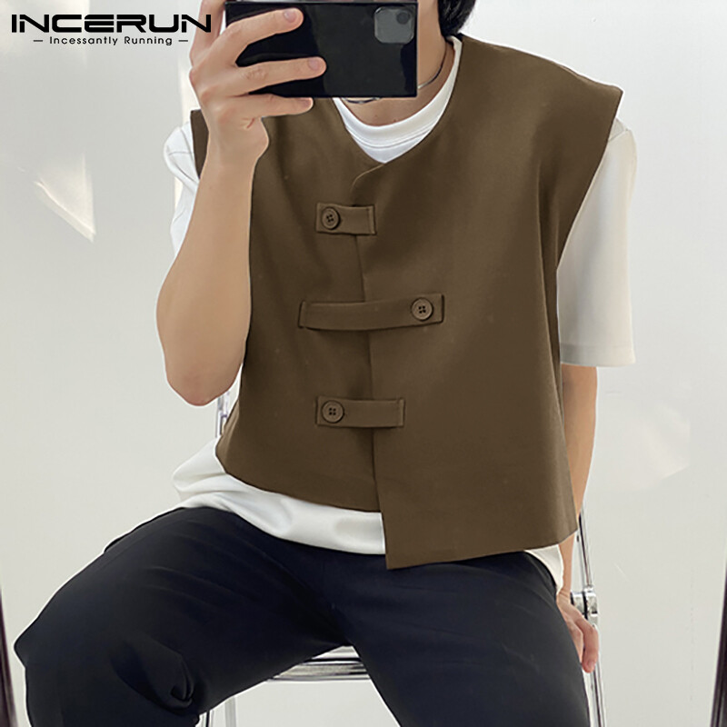 (Phong Cách Hàn Quốc) INCERUN Áo Ghi Lê Không Tay Cổ Điển Cho Nam Áo Khoác Crop Top Nút Phía Trước Áo Khoác Áo Ghi Lê Áo Sơ Mi