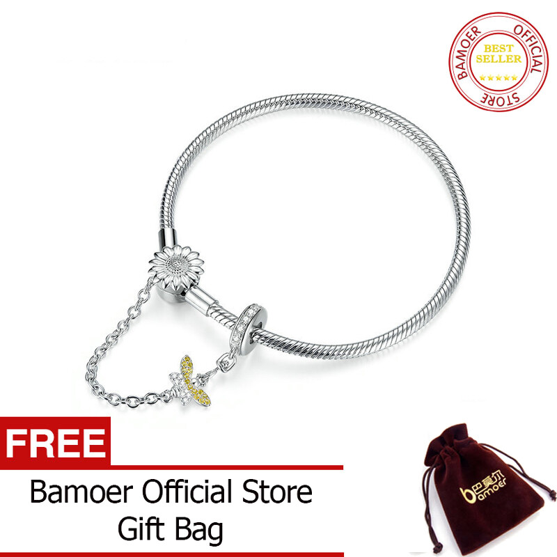 BAMOER Vòng Tay Charm Hình Rắn 3Mm Bằng Bạc Sterling 925 Thật Kèm Dây Xích An Toàn Hoa Hướng Dương Phụ Kiện Vòng Tay Tự Làm BSB041