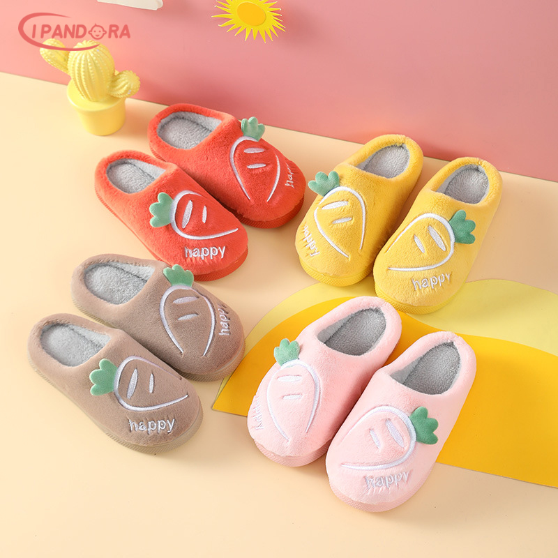 Ip dép bệt & dép lê cotton hình cà rốt hoạt hình dép lê trẻ em vải nhung lông hoạt hình ấm áp cho nữ có đế dày