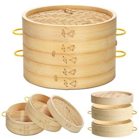 15/20/25/30 cm Dimsum Fish Cookware Vegetables with Handle Cooking Kitchen Tool Bamboo Steamer Basket Cage