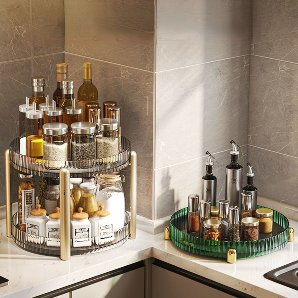 Giá đựng gia vị xoay hai tầng 360 ° khay đựng gia vị chai nước tương để bàn nhà bếp đa năng