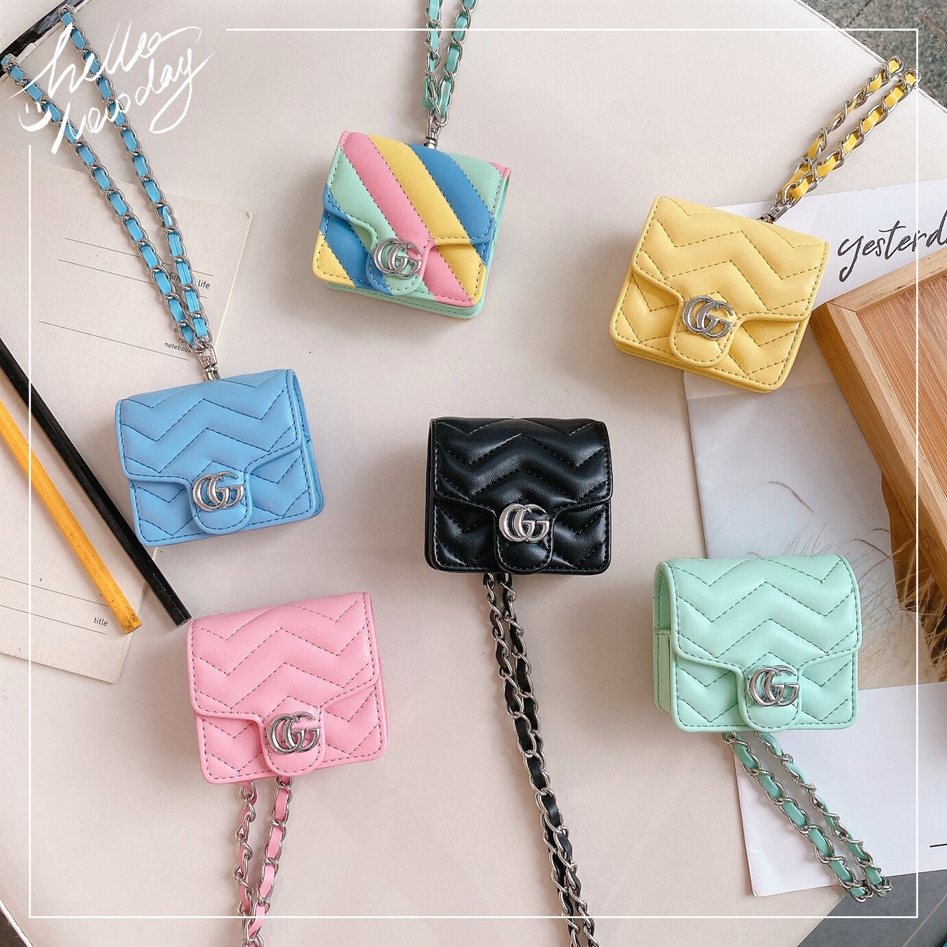 Túi Đựng Tai Nghe Da Logo Kim Loại Sang Trọng Phong Cách Macaron Cho Airpods 1 2 Airpods Pro, Túi Đựng Tai Nghe Không Dây Bluetooth Thông Dụng Cho Huawei Freebuds Samsung Galaxy Buds Có Dây Xích