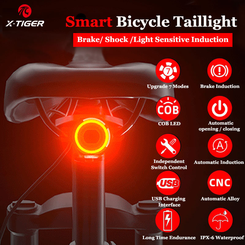 Đèn hậu xe đạp x-tiger, đèn cảm biến phanh thông minh tự động sạc led chống nước ipx6 cho xe đạp phụ kiện đèn hậu xe đạp