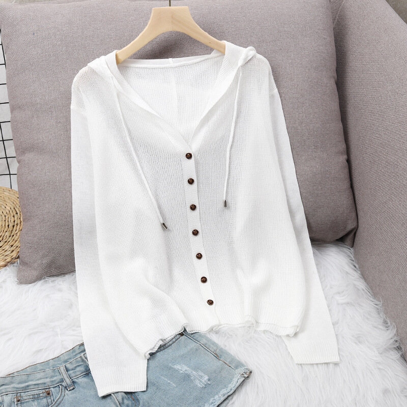 Áo Khoác Cardigan Dệt Kim Mùa Hè 2020 Mới Áo Len Nữ Có Mũ Trùm Đầu Bằng Lụa Băng Áo Khoác Mỏng Chống Nắng Đục Lỗ Áo Khoác Chống Ddos Phong Cách Hàn Quốc Áo Len Cardigan