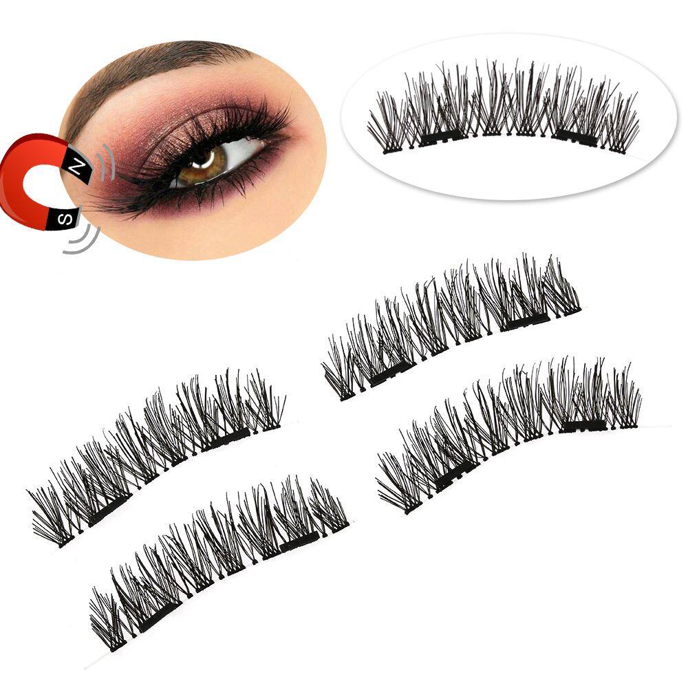 SKONHED 4 Pcs Reusable Handmadeหนายาวขนตาปลอมชิ้นเล็กDualแม่เหล็กกาวขนตาLashes Extension