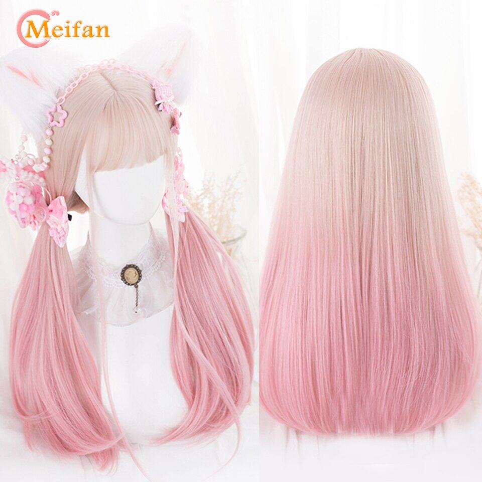 Synthetic Cosplay Lolita Long Straight Color Daily Wig Anime Wig Female Hair Blue Pink Gradient Headgear Harajuku Wig