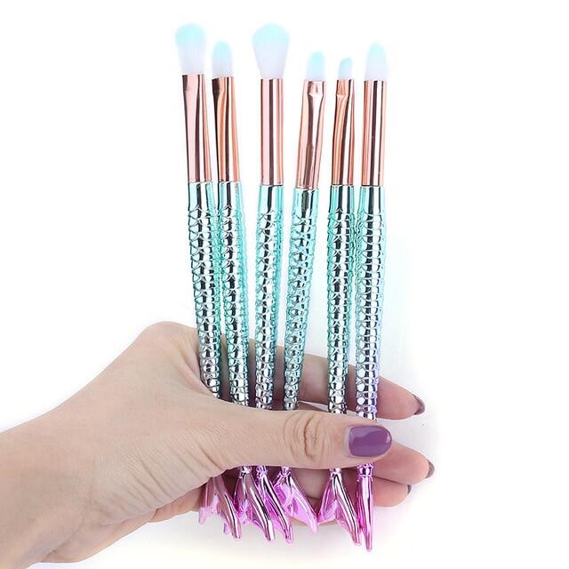 7/10pcs Kit Natural Makeup Brushes Tool Mermai Cosmetics Foundation Set Of Bronzer Eyeshadow Lip Artist Mermaid Highlighter Face