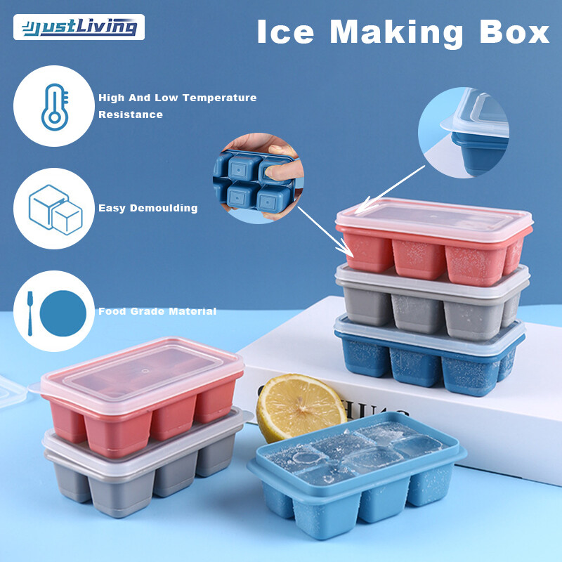 JustLiving Silicone 6 Grid Ice Cube Tray with Lid Household Ice Box Quick Freezer Jelly Mold Fruit Popsicle Maker ราคา 41 บาท*ส่งฟรี