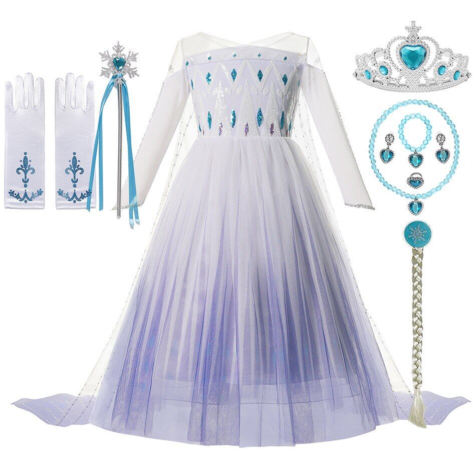 Elsa 2 Snow Queen Dress Up Cho Cô Gái, Với Công Chúa, Phụ Kiện Tóc Giả Trang Phục Đầm Dự Tiệc Màu Trắng Elsa Băng Giá Mùa Đông Hóa Trang Halloween Cho Trẻ Em
