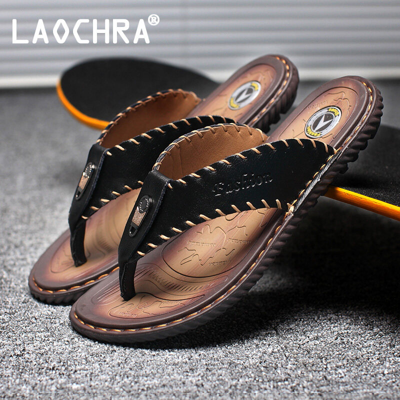 LAOCHRA Chính Hãng Người Đàn Ông Da Lật Flip Flops Kích Thước Lớn 38-46 Chất Lượng Cao Mùa Hè của Nam Giới Dép Mềm Duy Nhất Dép Phẳng Cho Nam Giới Ngoài Trời Người Đàn Ông Giày