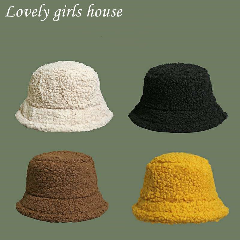 【♡Lovely girls house♡】Korean Style Unisex Bucket Hat Graffiti Solid Fishing Fisherman Hat Autumn Winter Lamb Wool Outdoor Warm Panama Cap for Women 2021