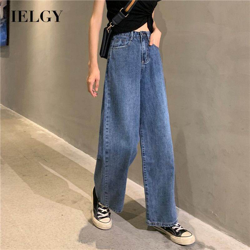 IELGY Quần Bò ỐNg RộNg Cạp Cao Phong Cách Hàn Quốc Cổ Điển Phù Hợp Cho Nữ