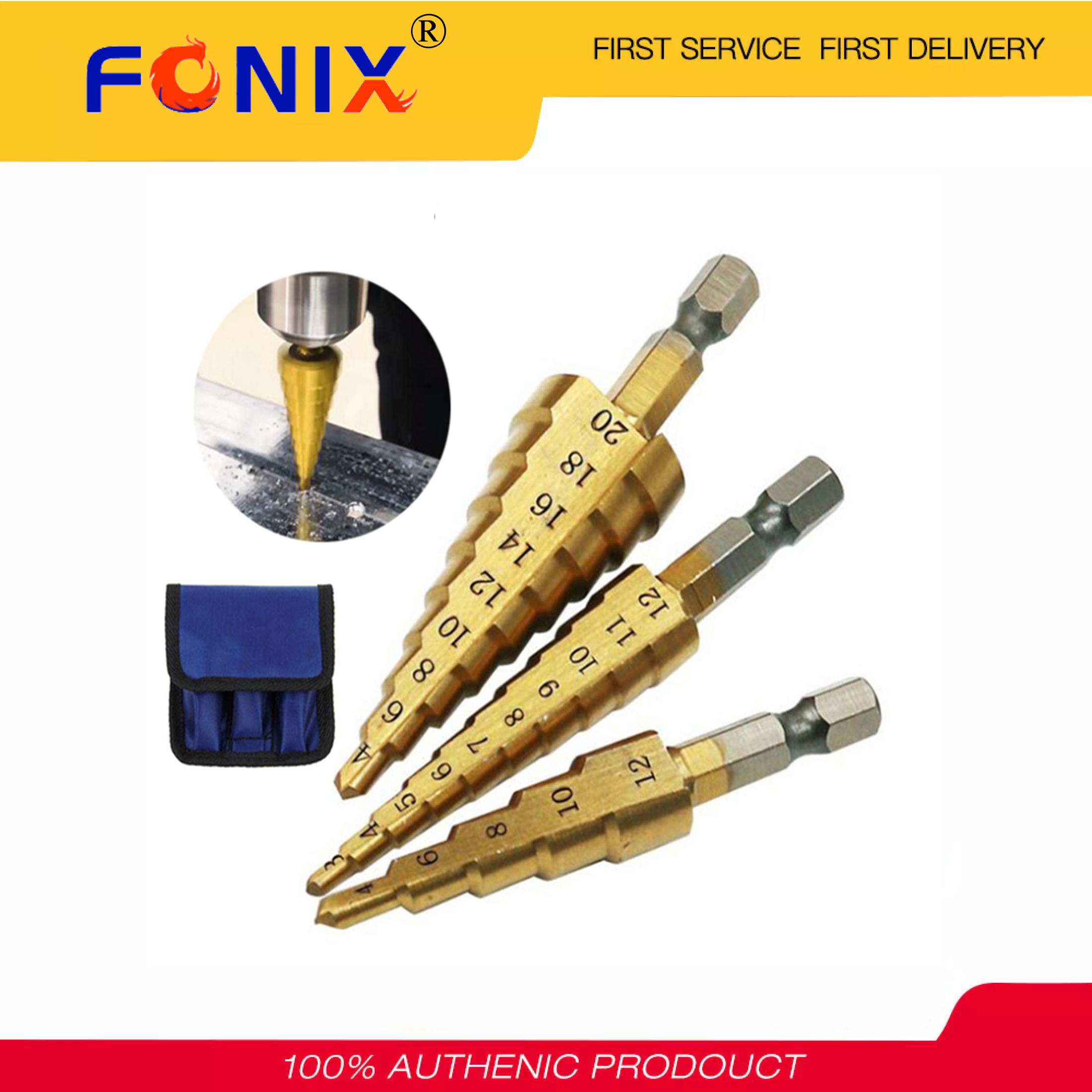 [Hàng Sẵn Có] FONIX 3 Cái HSS Phủ Titan Bước Phổ Mũi Khoan Set, 4-12 4-20 3-12 Mét HSS Phủ Titan Mũi Khoan Bước Mũi Khoan Khoan Dụng Cụ Điện Cho Kim Loại Thép Tốc Độ Cao Gỗ Máy Khoét Lỗ Khoan Hình Nón