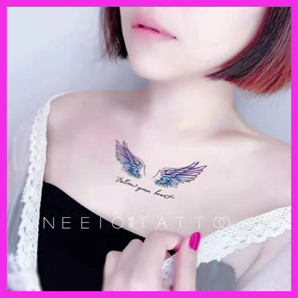 Miếng Dán Hình Xăm Tạm Thời Chống Nước Và Bền Cho Nam Và Nữ Đôi Cánh Màu Xanh Dương Cá Tính Tiếng Anh Ngực Và Mắt Cá Chân Lớn 3.5*9.7CM Nhỏ 2.5*7CM