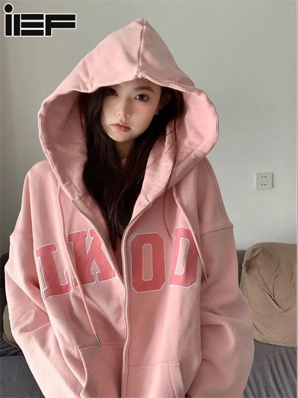 Ief áo khoác có mũ cho nữ áo khoác thêu khóa kéo đồng phục bóng chày lười biếng