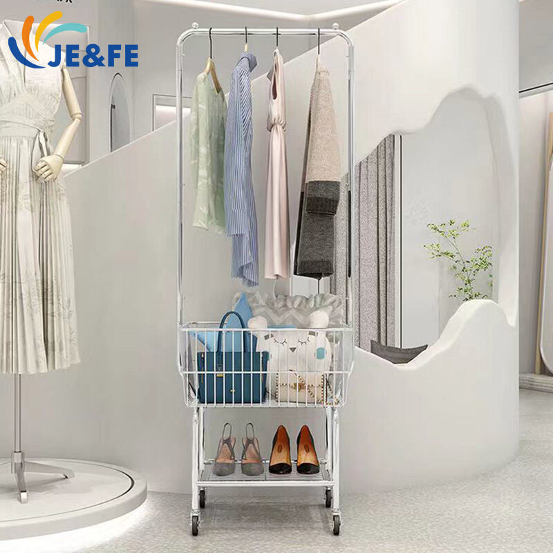 Simple coat rack pulley household storage basket clothing store movable
