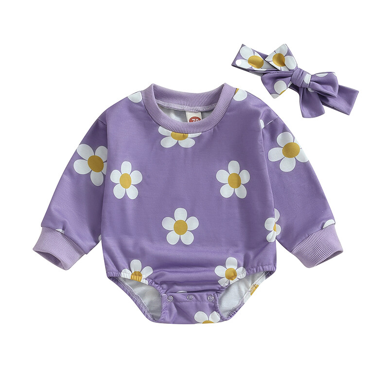 Baby Girls 2 Piece Outfits Floral Print Long Sleeves Sweatshirt Romper and Headband for Toddler Infant Fall Cute Clothes