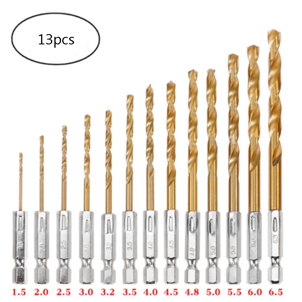(JIE YUAN)bộ 13 Mũi Khoan Bọc Titan Thép Tốc Độ Cao Mũi Khoan Xoắn Cán Lục Giác 1.5 Mm Chuôi Lục Giác 6.5Mm