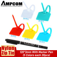 AMPCOM Nylon Zip Ties Thẻ Nhãn Cáp-Viết Trên Dây Ethernet | Tự Khóa | Nhãn In Miễn Phí-4.72 Inch 5 Màu