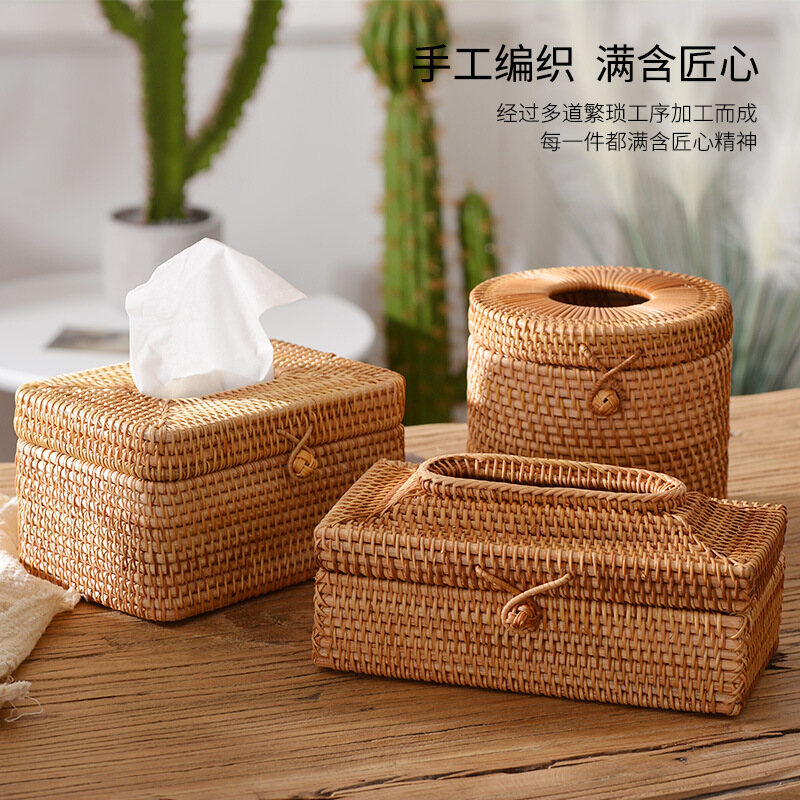 Hộp đựng khăn giấy bằng mây thủ công cổ điển hộp đựng khăn ăn gia dụng hộp đựng khăn giấy để bàn hộp đựng khăn giấy khách sạn phòng barthroom