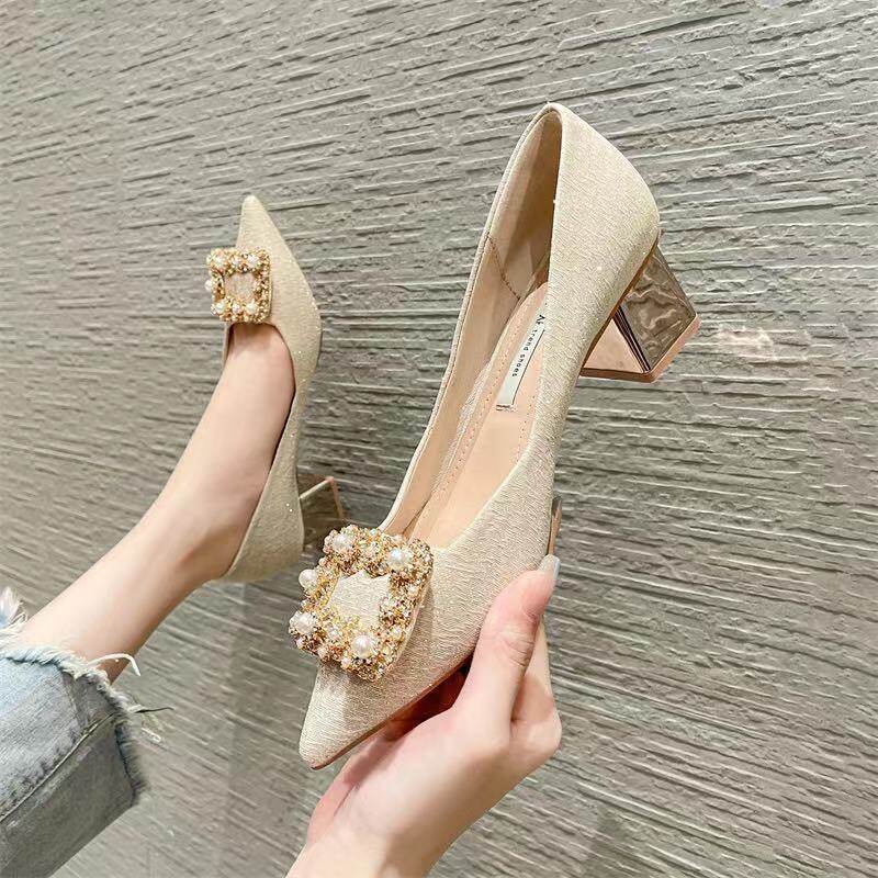 Giày cao gót đế dày nhỏ kiểu pháp giày cao gót mũi nhọn mũi nhọn đính ngọc trai thời trang mùa thu 2021