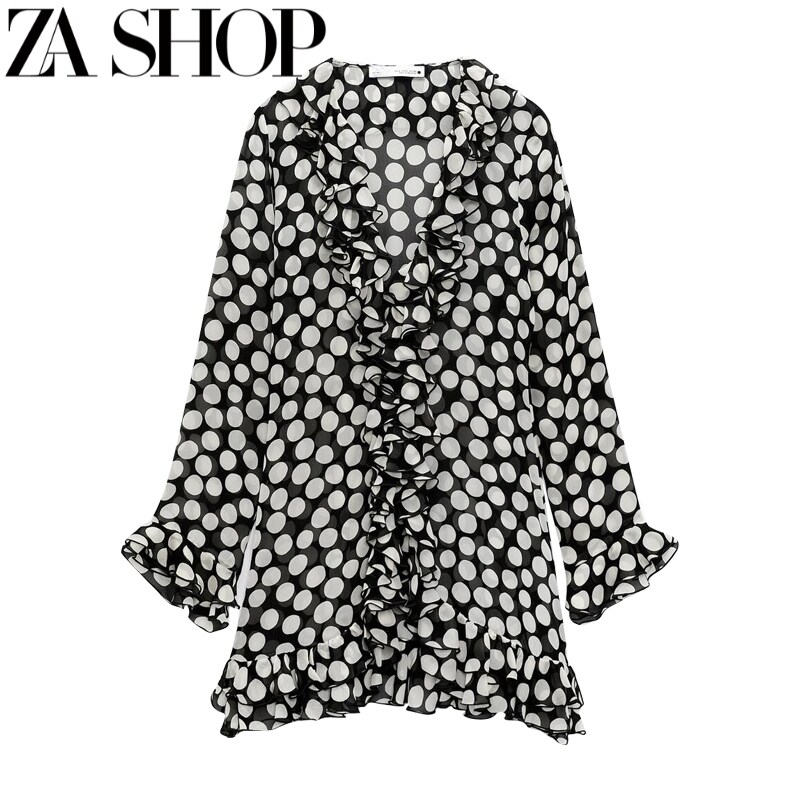 Zaraˉáo Chấm Sóng Trang Trí Xếp Tầng Mới Mùa Hè Váy Nhún Bèo Gợi Cảm Cạp Cao Cho Nữ 8039065