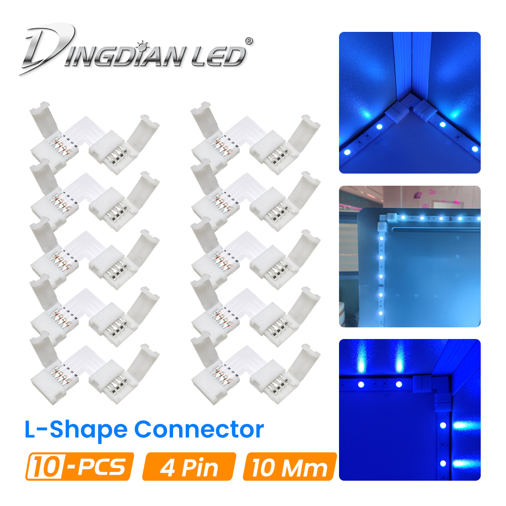 DingDian LED 10 Cái Đèn Dây 4 Pin Kết Nối, L Hình Dạng, Đầu Nối Đèn Dây 5050 10MM Solderless Góc Nối