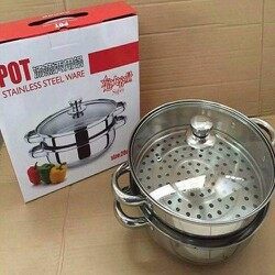 Nỗi hấp 2 tầng vung kính chất liệu inox size 28cm có xửng hấp, ăn lẩu thích hợp dùng bếp từ, bếp ga, hồng ngoại đa năng