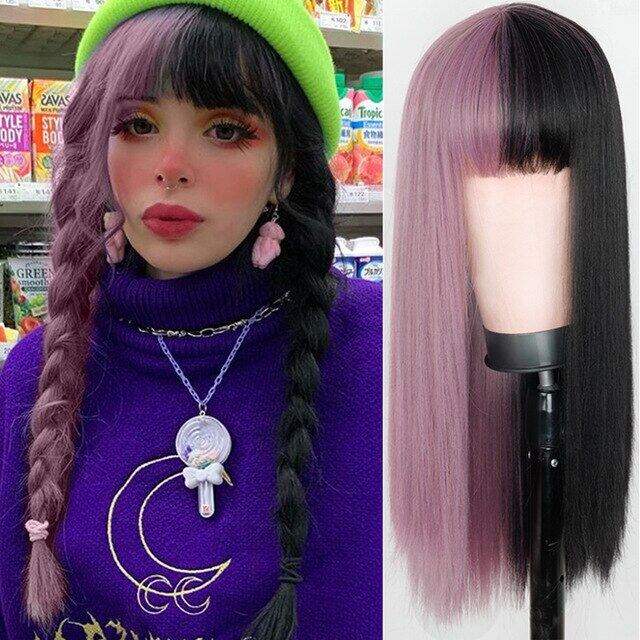 Lolita Synthetic Cosplay wig half Blue half Black Wig Long Straight wig Halloween Wigs Two Tone Ombre Color For Women G