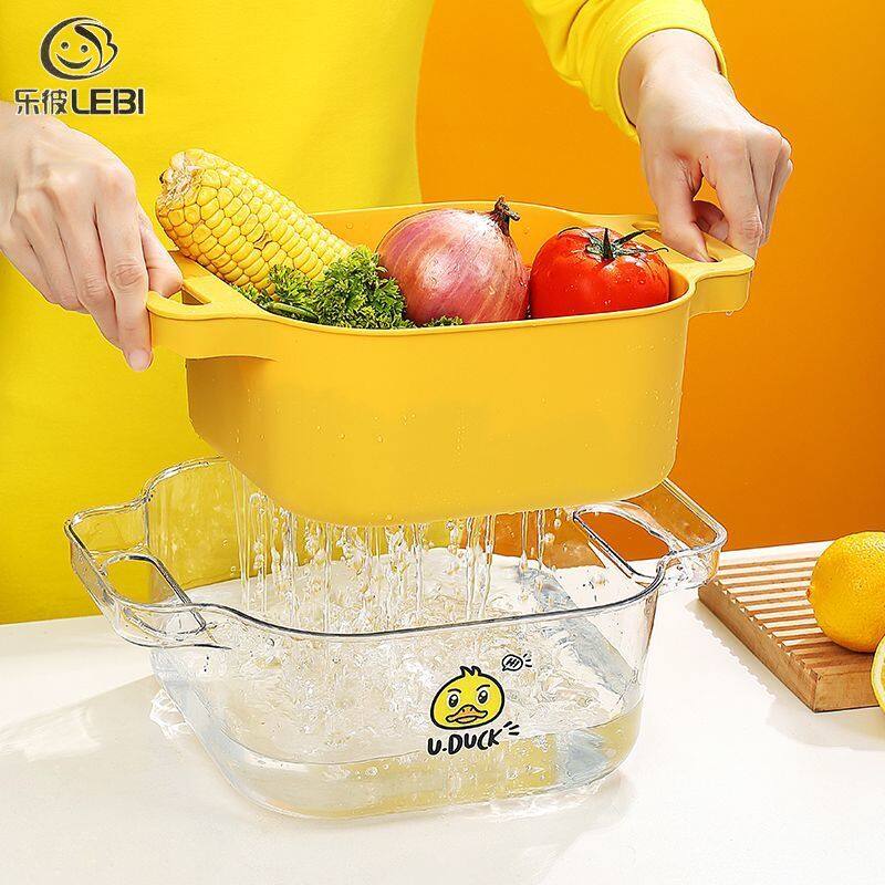 Lebi rổ rửa hai lớp rổ ráo nước chậu rửa nhà bếp rổ đĩa đựng rau củ quả rổ đựng rau củ quả dụng cụ rửa bát con vịt nhỏ màu vàng