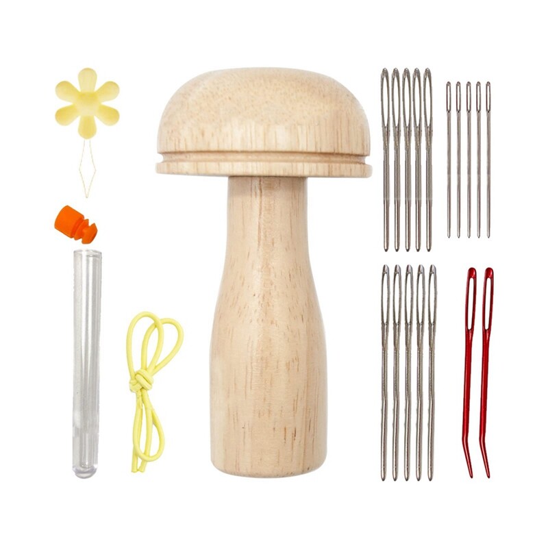 Wooden Darning Mushroom Needle Thread Kit Embroidery Accessories Home for DIY Hand Sewing Darning Socks Clothes