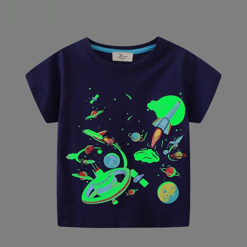 2023 mùa hè mới cậu bé Glow-in-The-Tối in hình phim hoạt hình Ngắn Tay Cổ Tròn T-Shirt khủng long cá mập Nửa tay t tại chỗ cung cấp trực tiếp