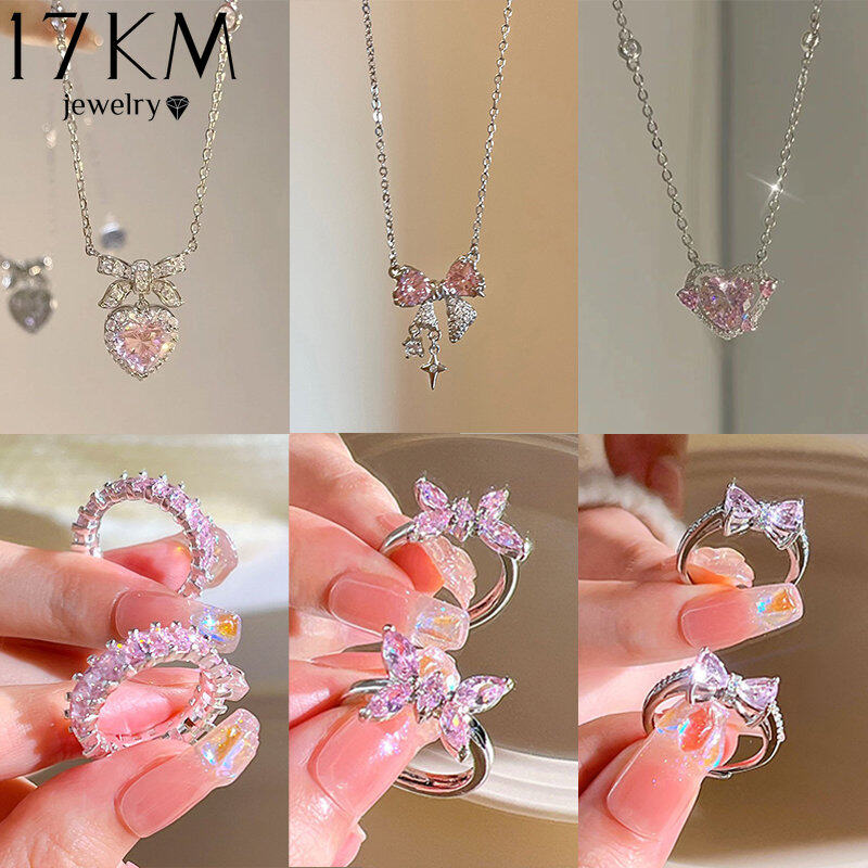 17km Vòng cổ màu hồng ngọt cho phụ nữ chuỗi hạt pha lê trái tim Ngọc trai bướm Nhẫn Zircon phụ nữ Phụ kiện trang sức thời trang