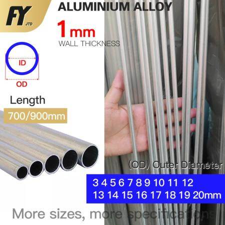 FUYI 6063 Aluminum Round Tube, 1mm Wall Thickness, Various Sizes