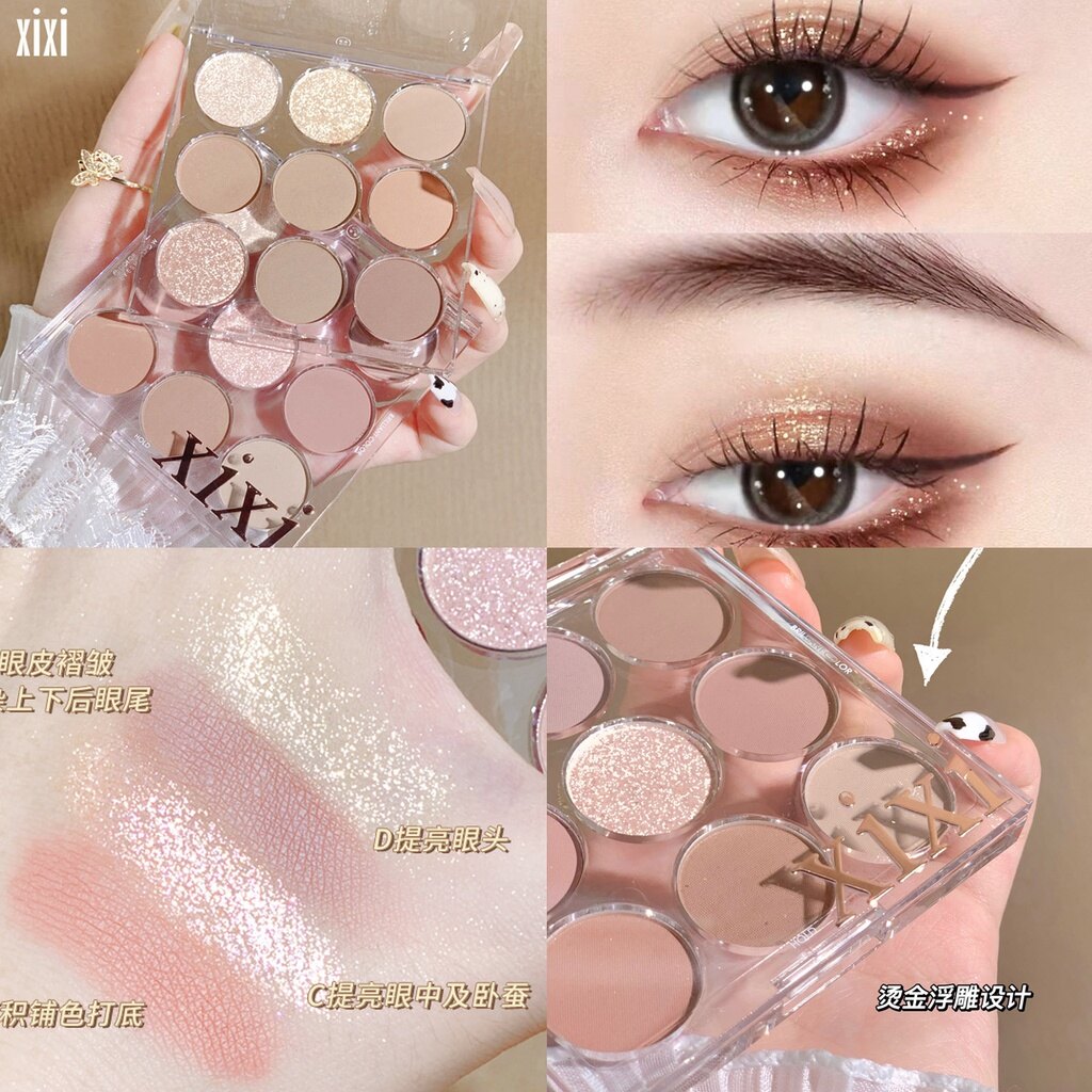 Xixi bảng phấn mắt 9 màu trong suốt dập nổi lâu trôi chống nước màu nude trà sữa màu đất phấn mắt nhũ lấp lánh