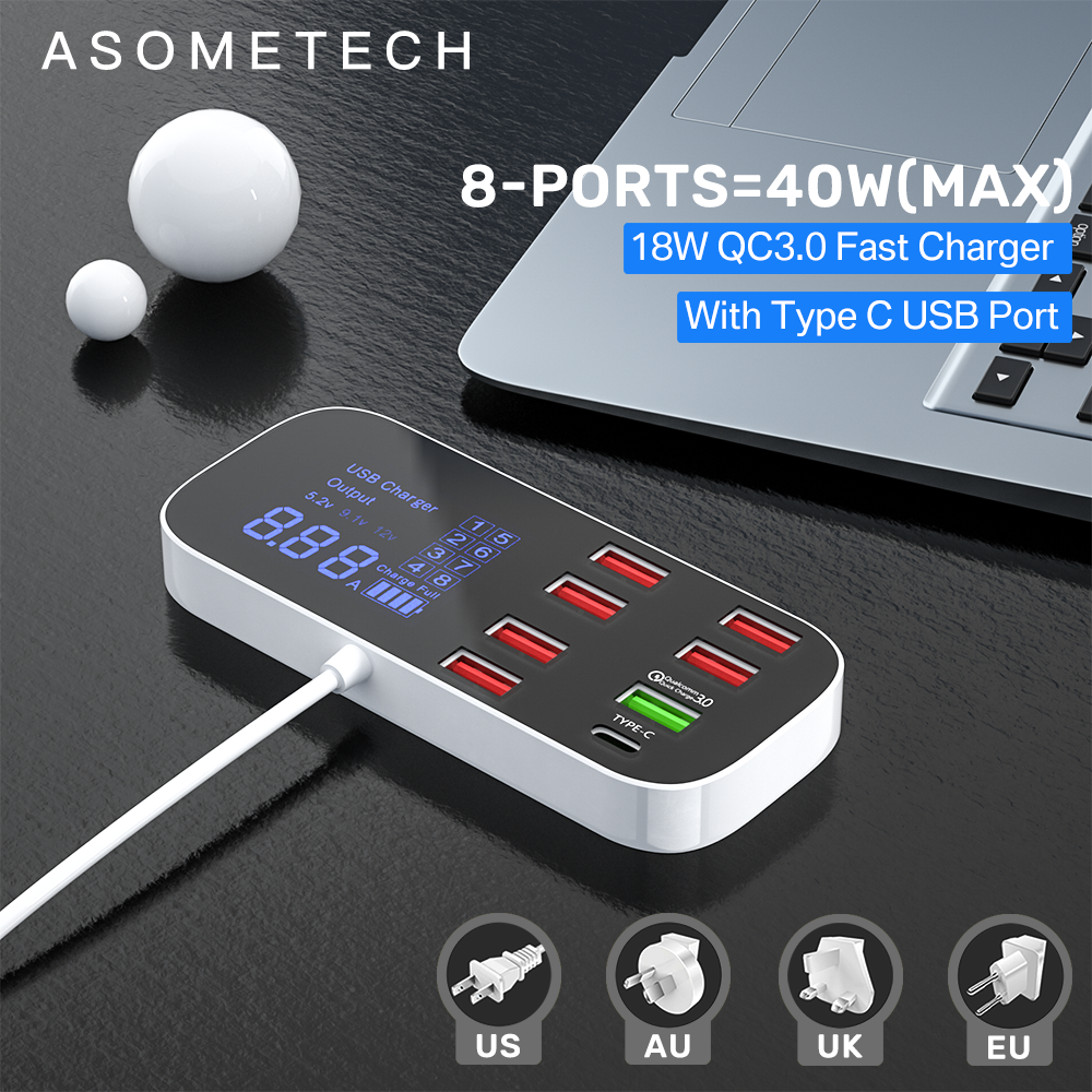 Sạc Điện Thoại USB 40W Sạc Nhanh QC3.0 USB Type C Trạm Sạc Màn Hình Kỹ Thuật Số 2.4A Đa Cổng Ổ Cắm Sạc Du Lịch Di Động