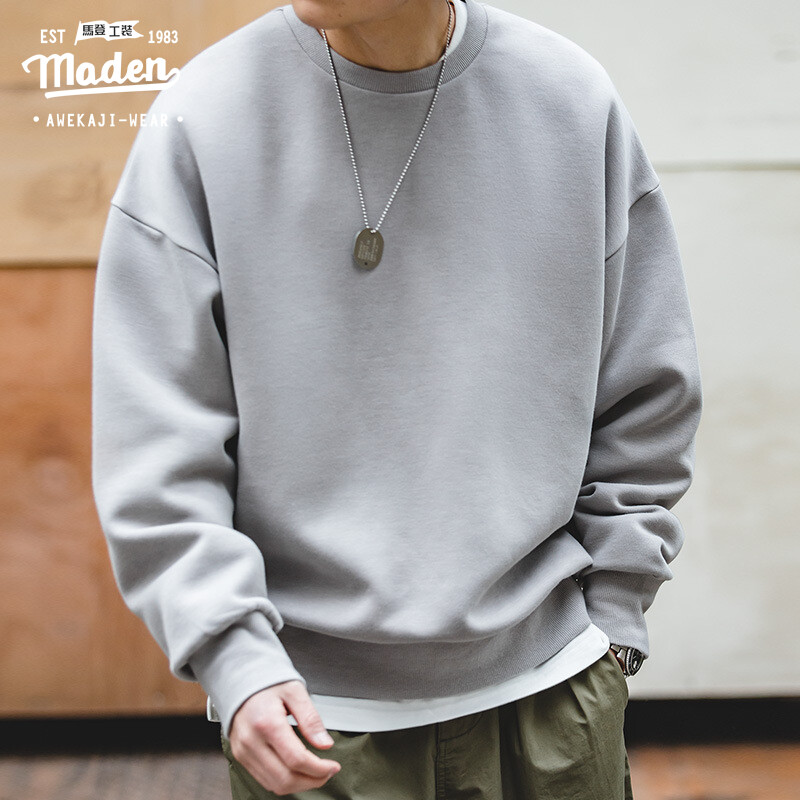 Maden brand tooling style 2023 new campus students simple youth sunshine boy Japanese retro gray drop shoulder space cotton sweater air layer male hoodless sweater