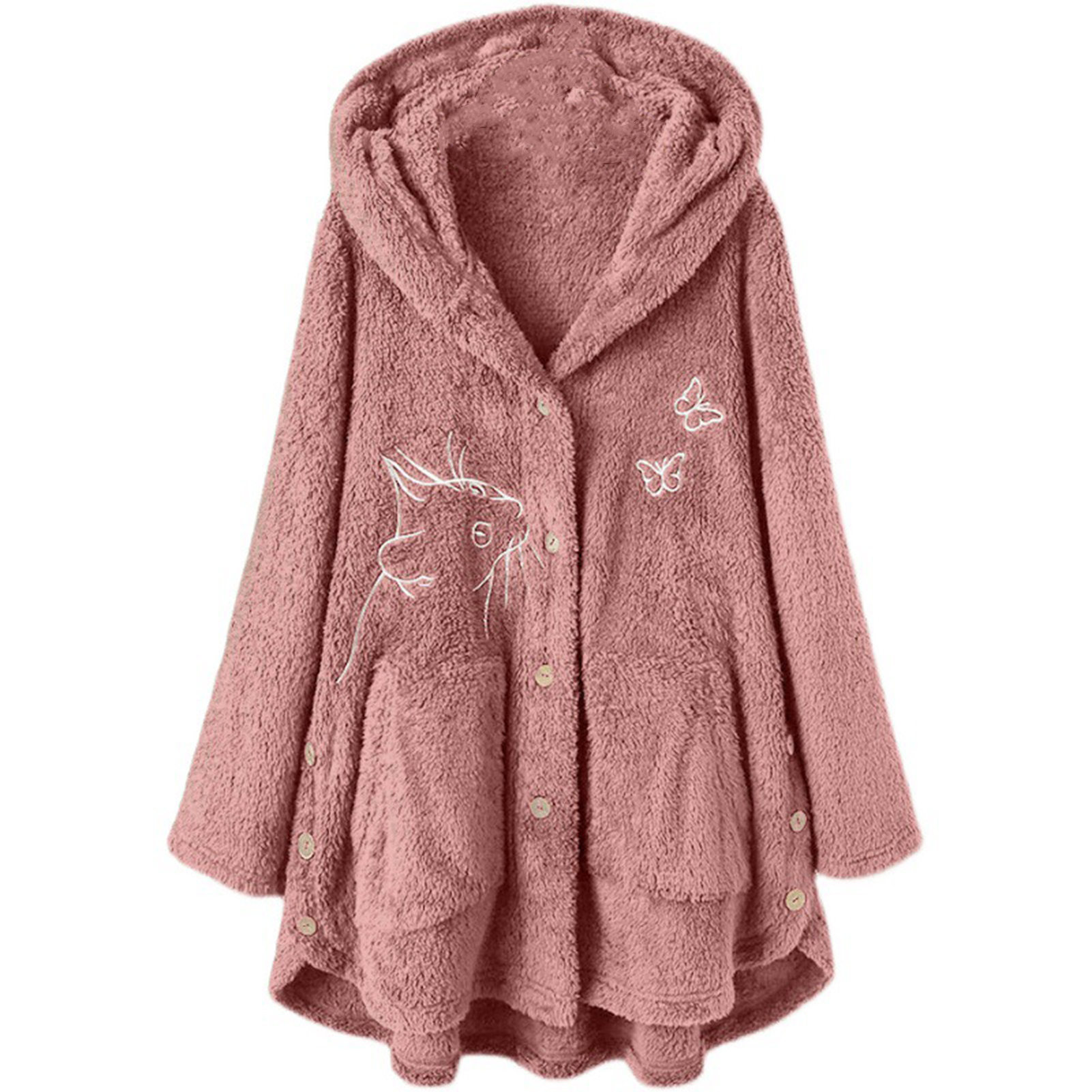 windycat Women Winter Coat Thick Warm Thermal Long Sleeves Buttons Plush Butterflies Cozy Cat Pattern Winter Hoodie Coat for Outdoor Trendy Lady Jacket ราคา  361 บาท*ส่งฟรี