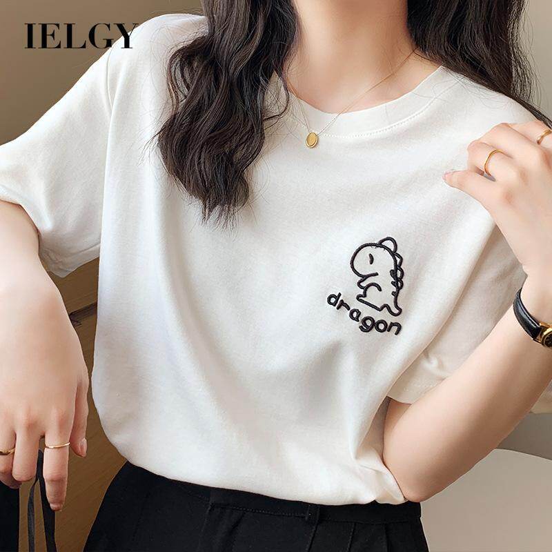Ielgy áo phông trắng thêu hình khủng long cho nữ