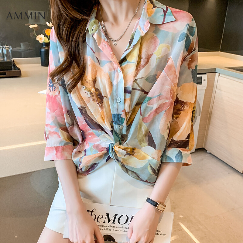 AMMIN Áo Voan Thời Trang In Hoa Ngọt Ngào Và Thanh Lịch Ve Áo Đơn Giản Phong Cách Mới Mùa Thu 2021 Áo Cánh Nữ Thời Trang Eo Xếp Ly Cổ Điển Tay Lửng Phong Cách Hàn Quốc