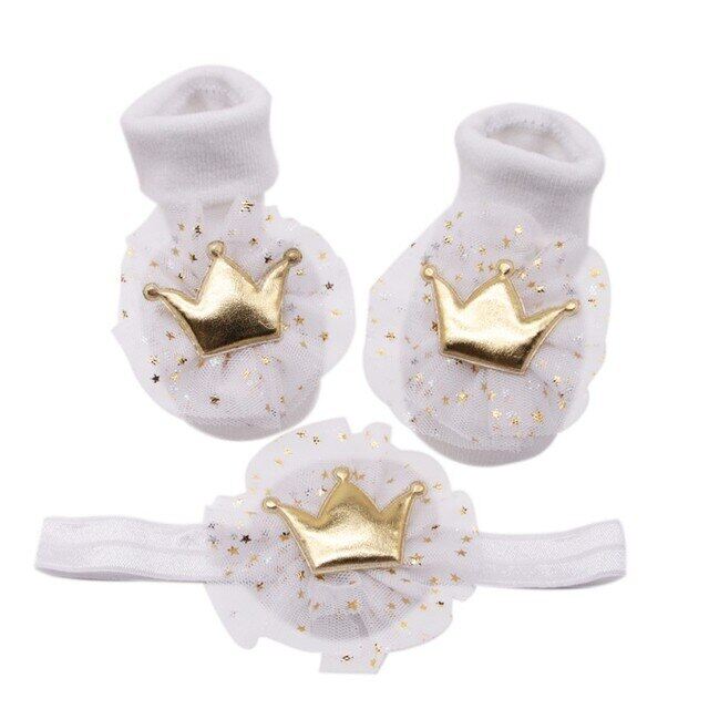 Tất Cotton Ren Dễ Thương Cho Trẻ Sơ Sinh Bé Gái Với Vương Miện Băng Đô Bộ Đạo Cụ Chụp Ảnh Phụ Kiện Băng Đô