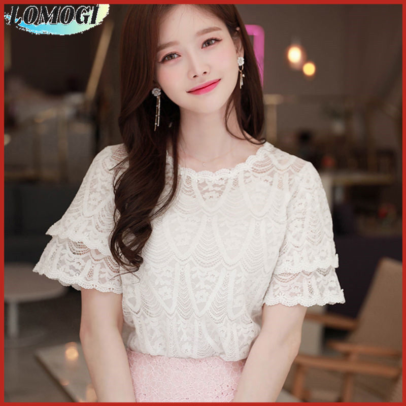Short-sleeved Lace Shirt Fashion Trend Women's Summer New White Chiffon Top Size M-5XL ราคา 155 บาท*ส่งฟรี