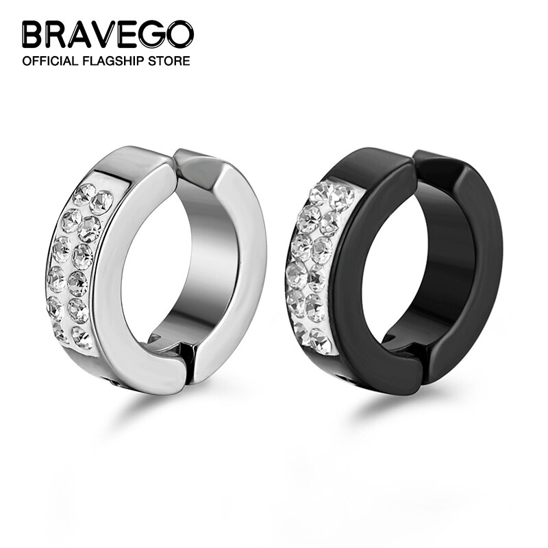 Bravego 1 cặp nam thời trang kim cương không xỏ lỗ Bông tai kẹp thép titan Khuyên tai tròn