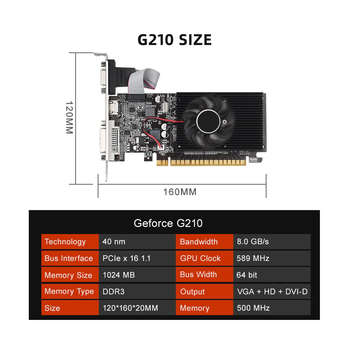 GT210 1G DDR3 Graphics Card 64Bit 589MHZ 500MHZ DVI+VGA+