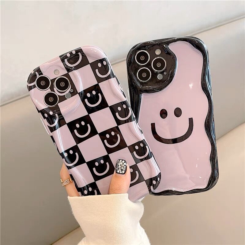 Mrhaha Fashion Big Wave Casing for iPhone 14 13 12 11 Pro Max X Xr Xs Max 7 8 14 Plus SE 2020 Ins High-quality Glaze Purple and Black Checkered Smiley Beautiful Phone Case Silicone Protective Cover🌈Ready Stock